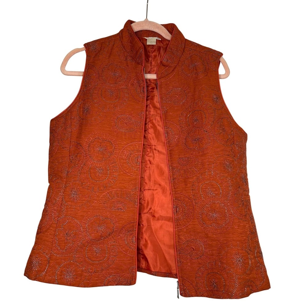 Christopher & Banks Womens Orange Floral Brocade Quilted Zipper‎ Vest Medium